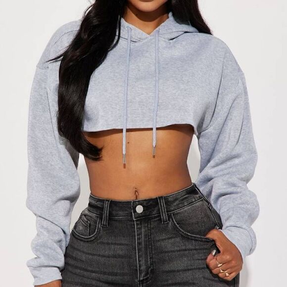 Jolie and Joy Pullover Cropped Fleece Long Sleeve Gray Hoodie -E - Picture 1 of 5